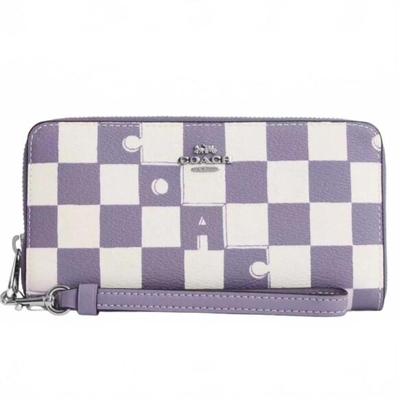 Coach Long Zip Around Wallet Checkerboard Print Silver Light Violet Chalk - Picture 1 of 9